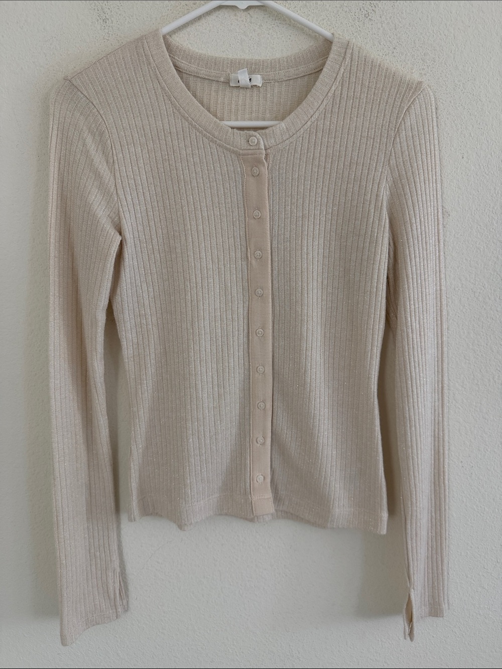 Aerie Ribbed Button-Front Cream Shimmer Long Sleeve
